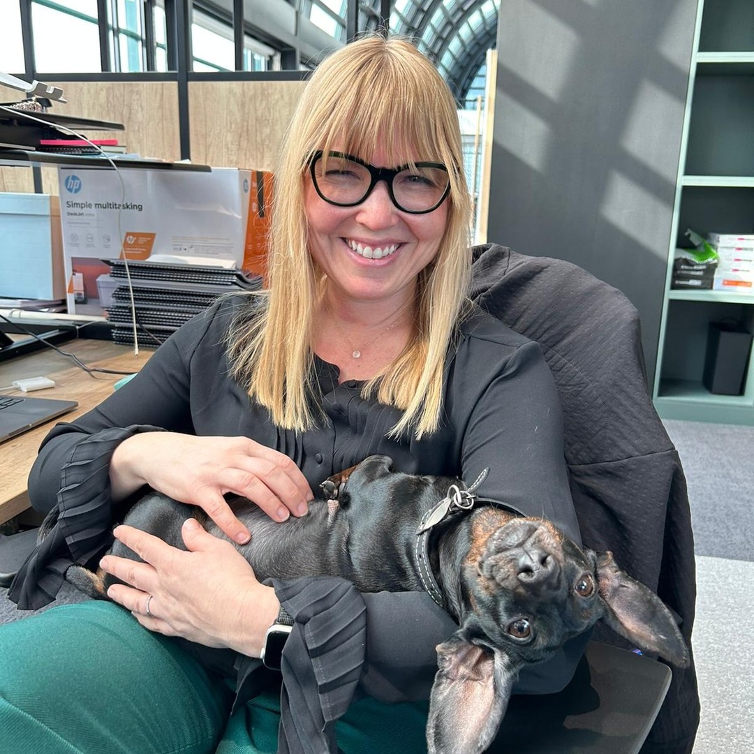 Luna welcomed Courtney during her visit to the London office in the best way possible...cuddles!!! #sympets